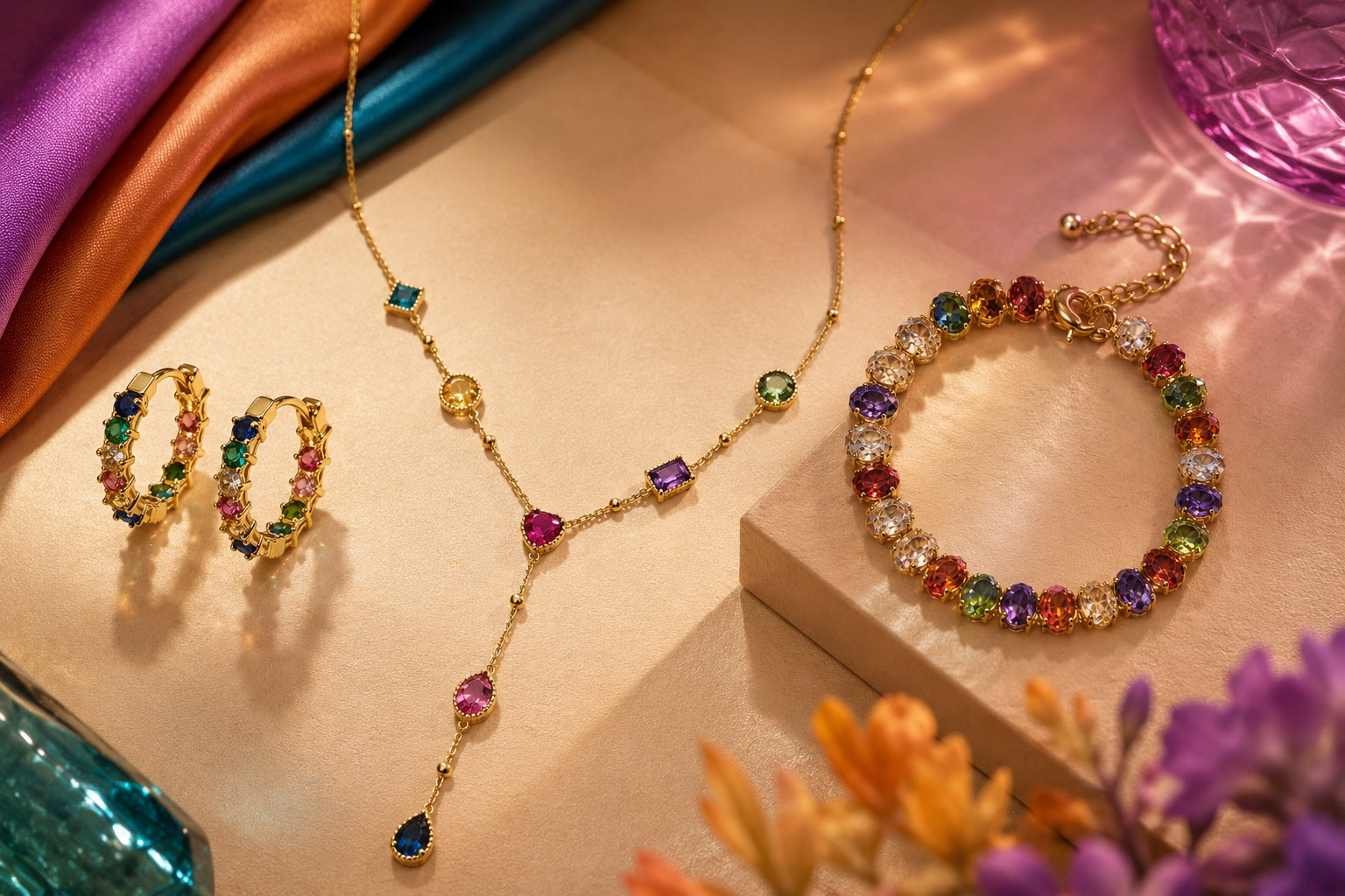 Jewelry set with multicolored gemstones on a soft surface with flowers